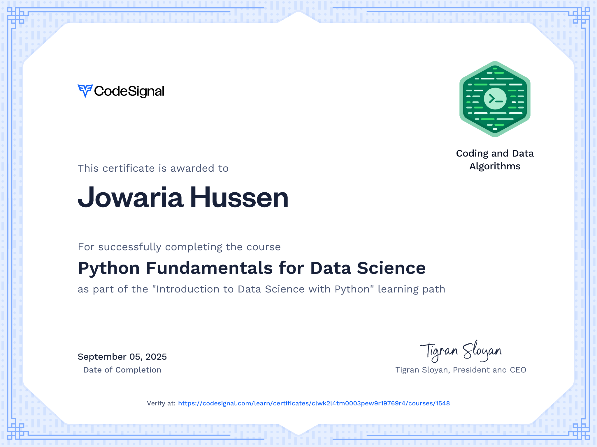 Course certificate for Python Fundamentals for Data Science ...