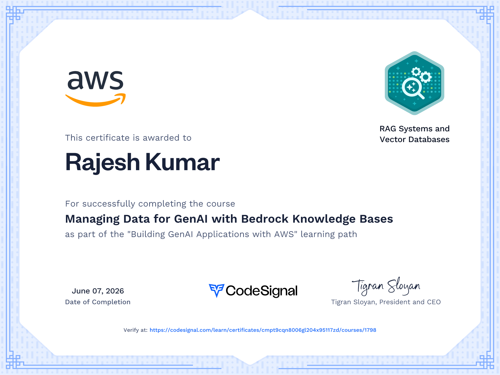 Course Certificate for Managing Data for GenAI with Bedrock Knowledge Bases