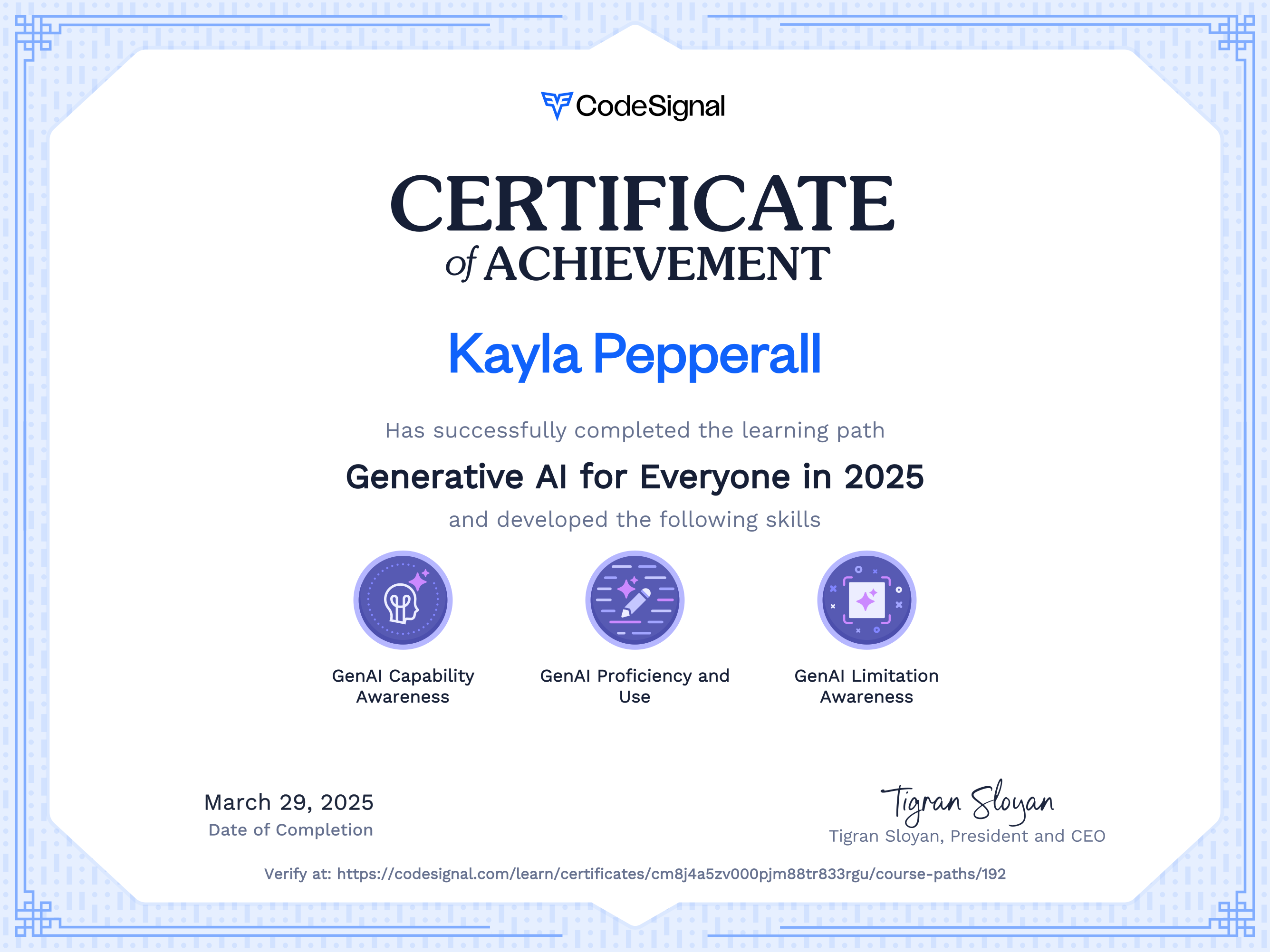 Path certificate for Generative AI for Everyone in 2025 | CodeSignal Learn