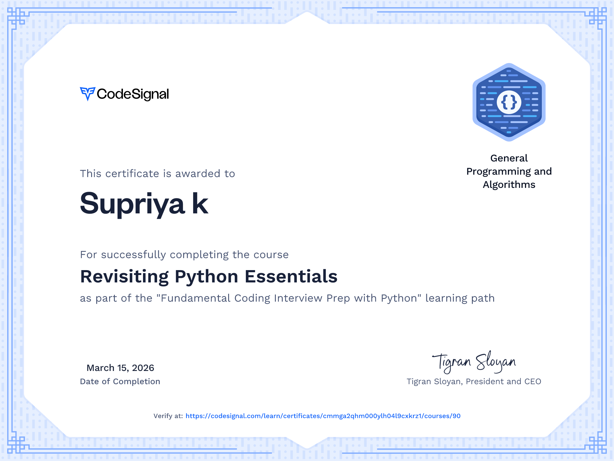 Course certificate for Revisiting Python Essentials | CodeSignal Learn