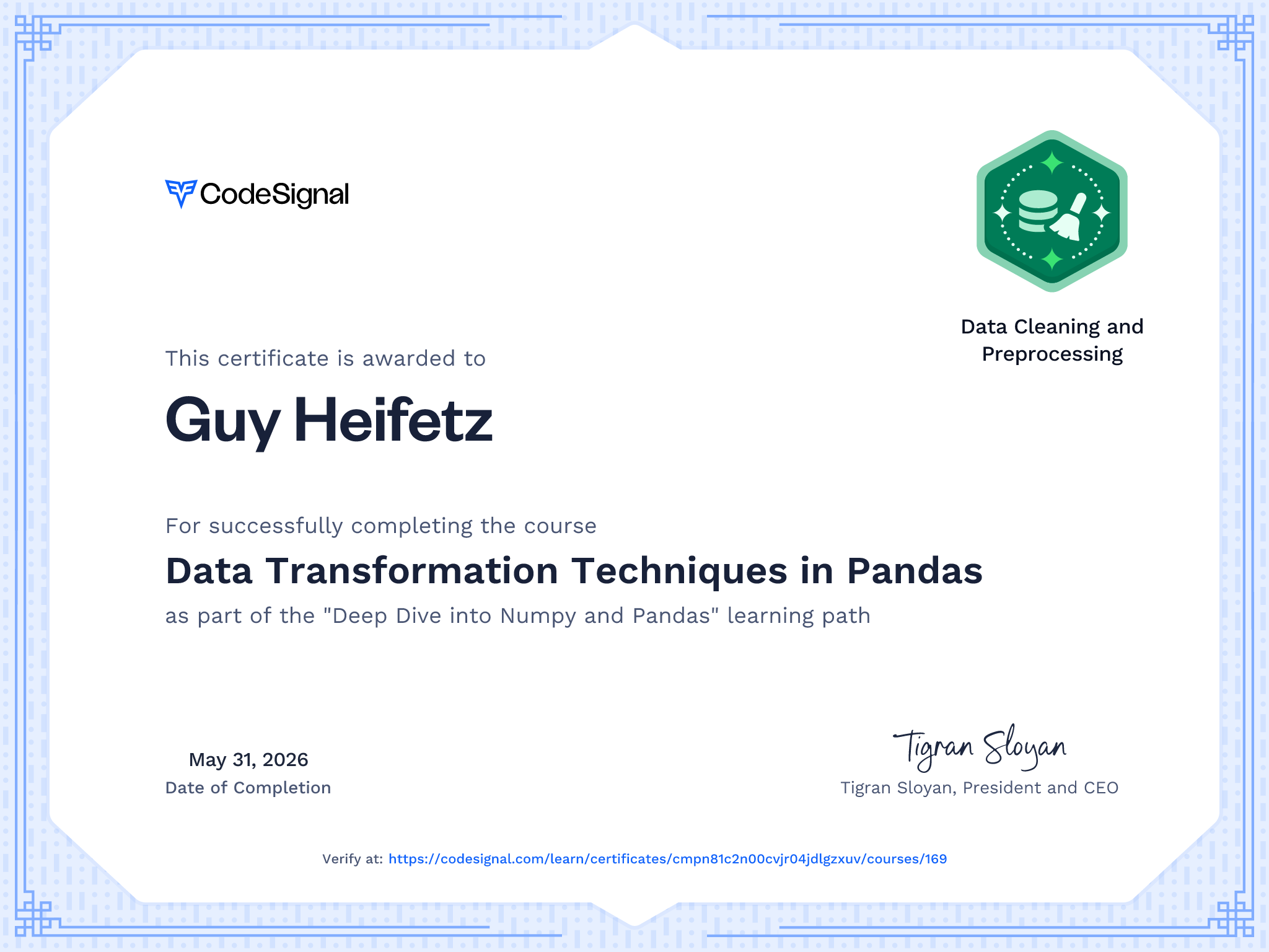 Course Certificate for Data Transformation Techniques in Pandas