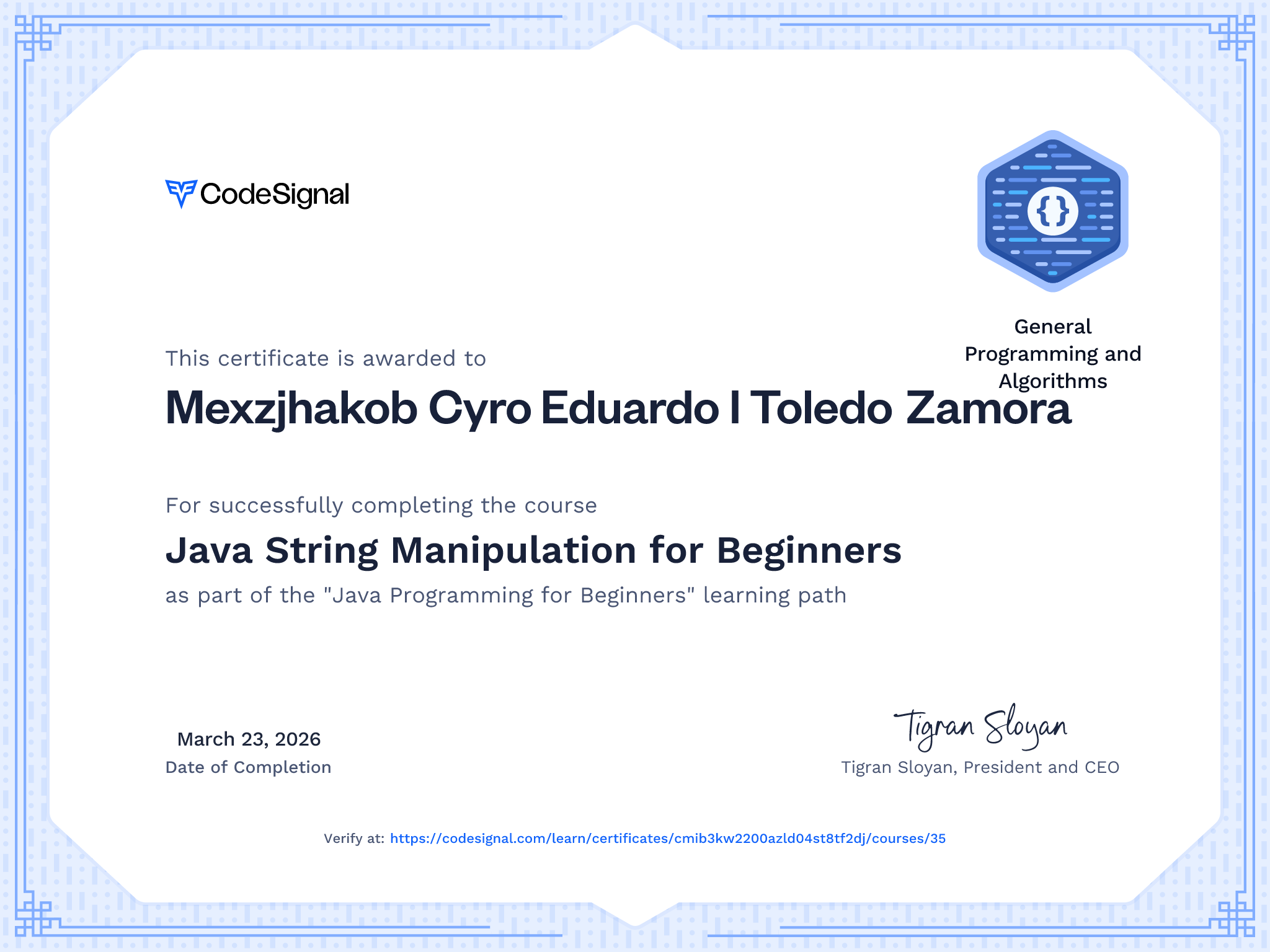 Course certificate for Java String Manipulation for Beginners ...