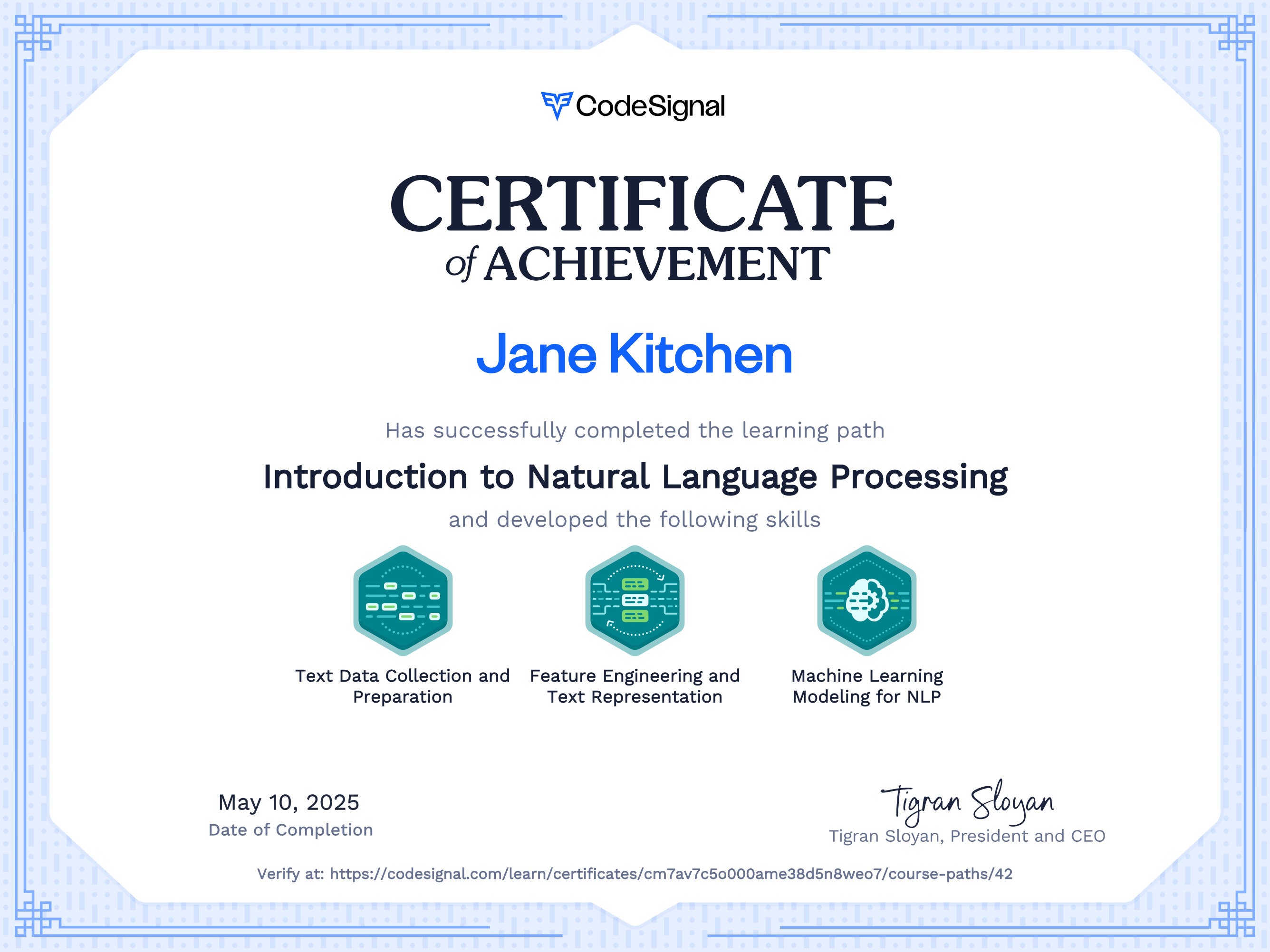 Path Certificate for Introduction to Natural Language Processing