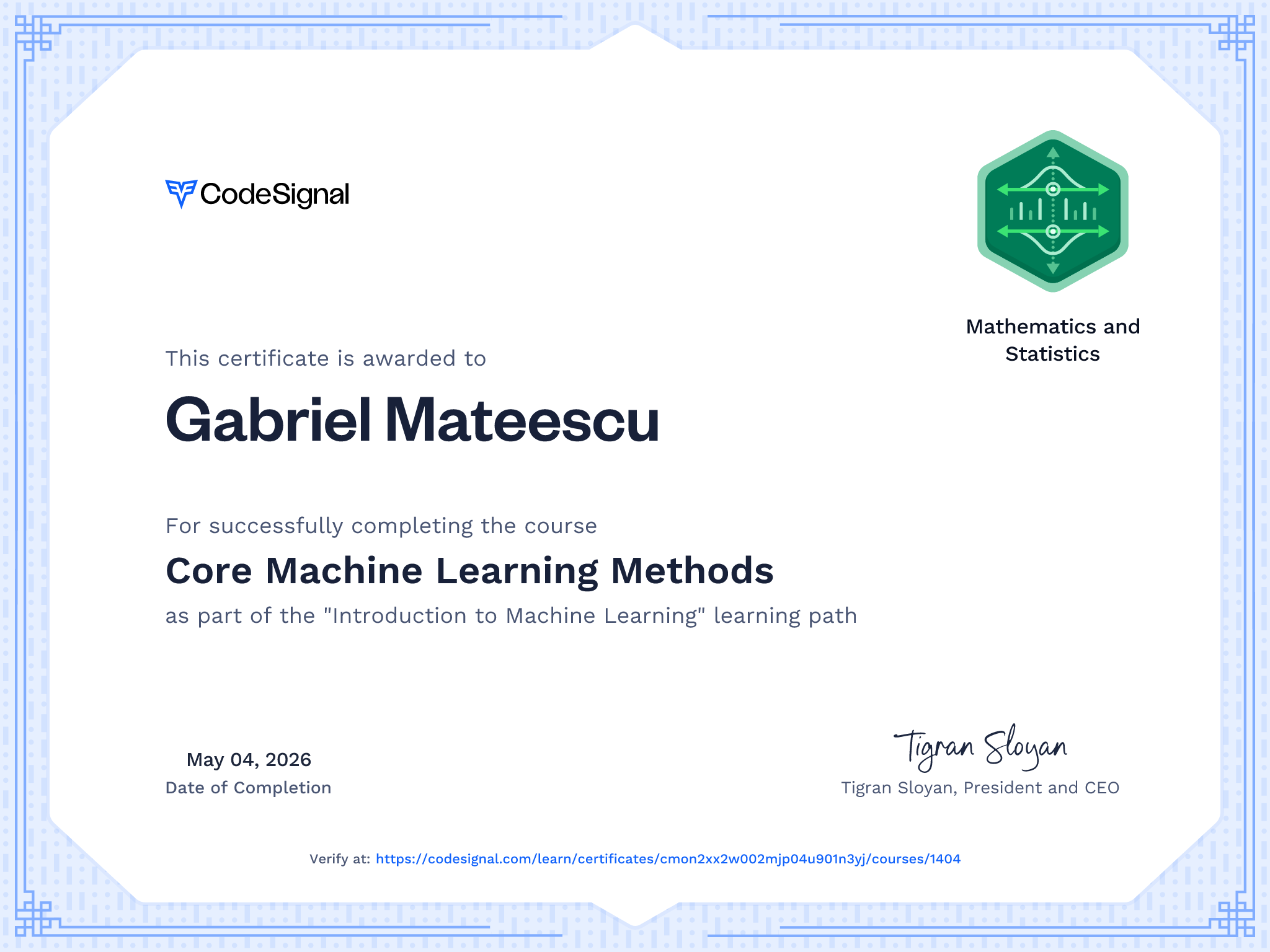 Course Certificate for Core Machine Learning Methods