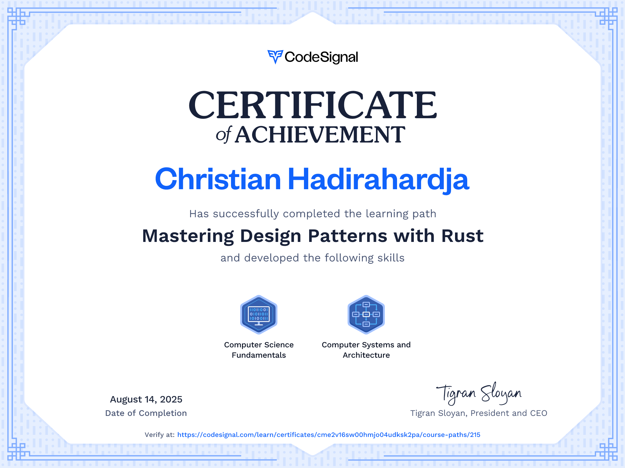 Path certificate for Mastering Design Patterns with Rust | CodeSignal Learn