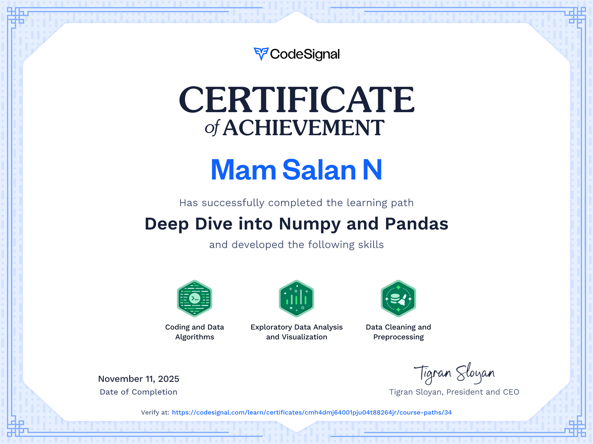 Path Certificate for Deep Dive into Numpy and Pandas