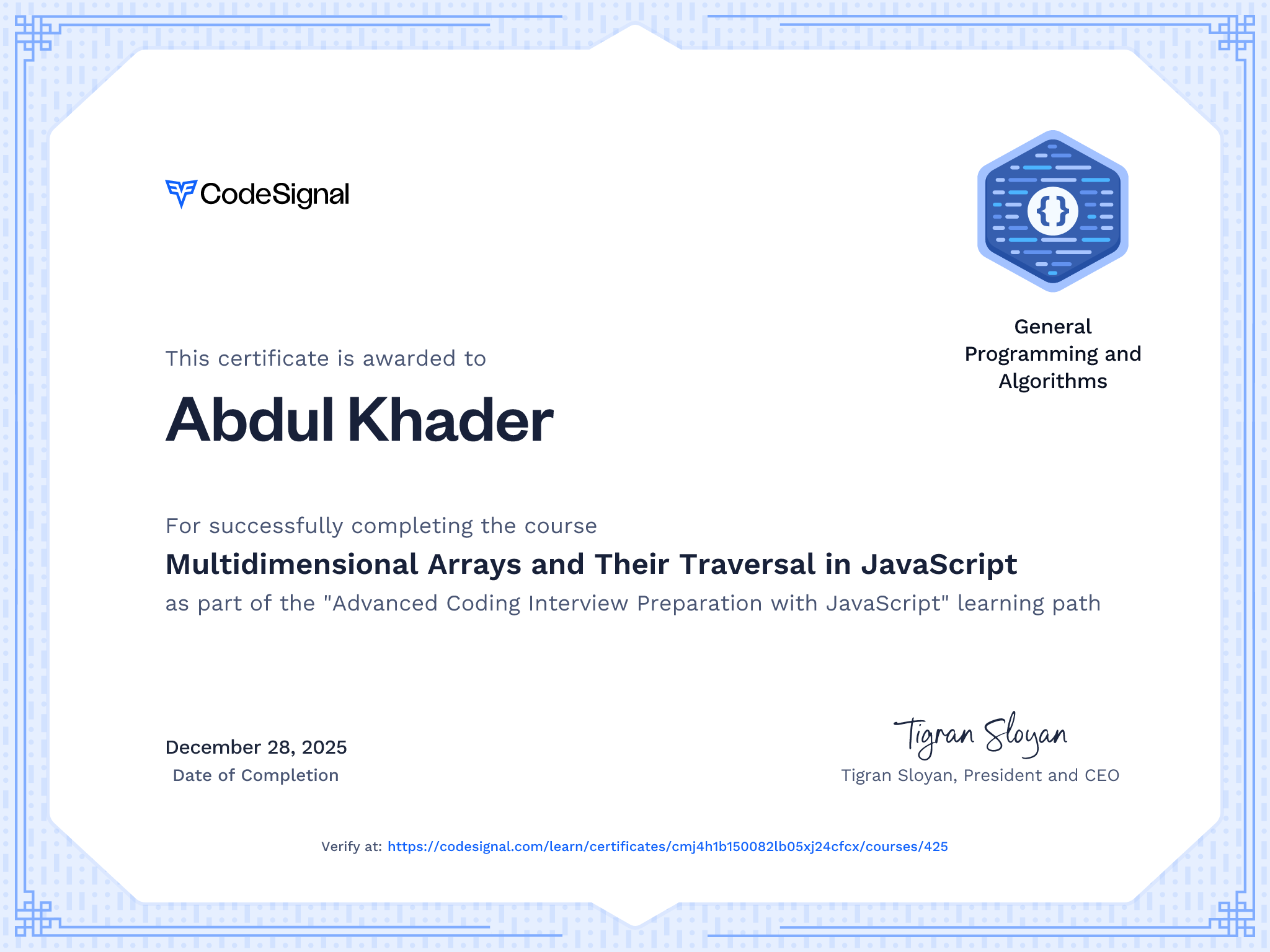 Course certificate for Multidimensional Arrays and Their Traversal in ...