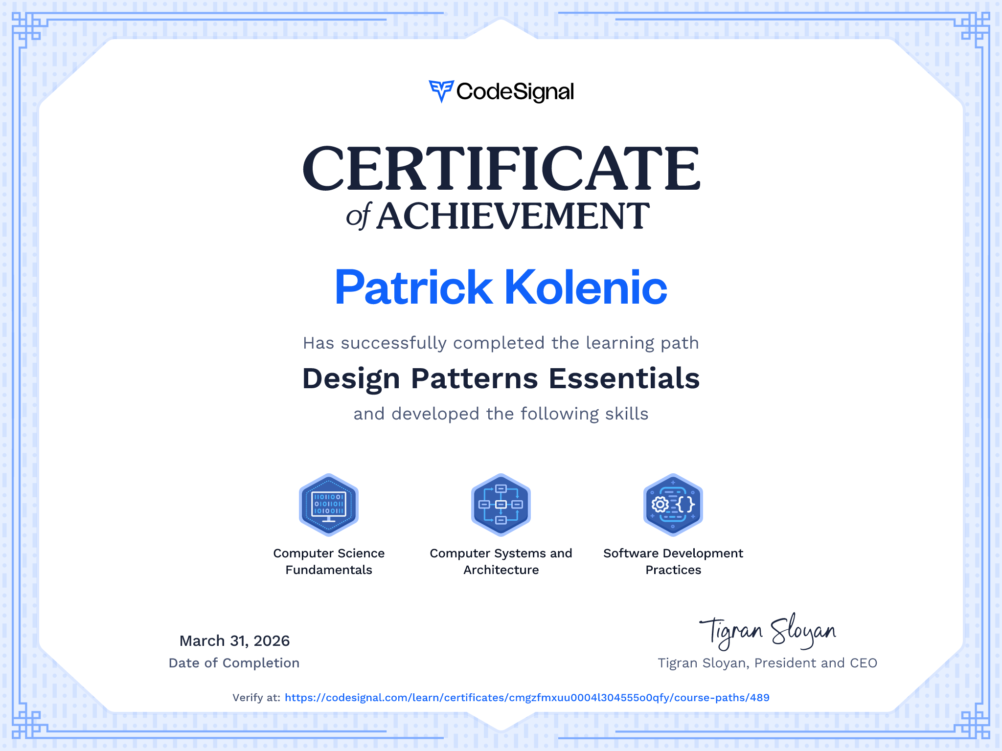 Path certificate for Design Patterns Essentials | CodeSignal Learn