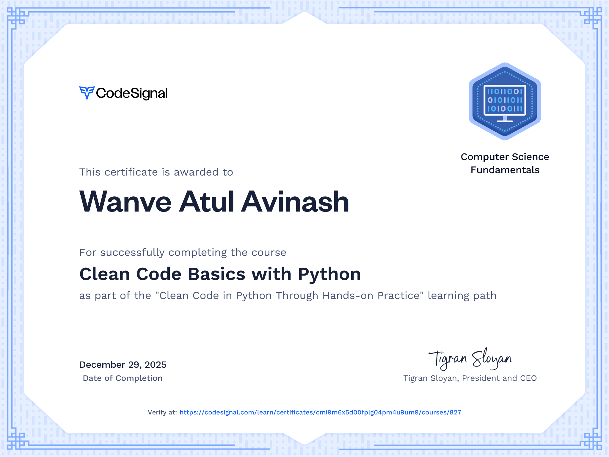 Course certificate for Clean Code Basics with Python | CodeSignal Learn