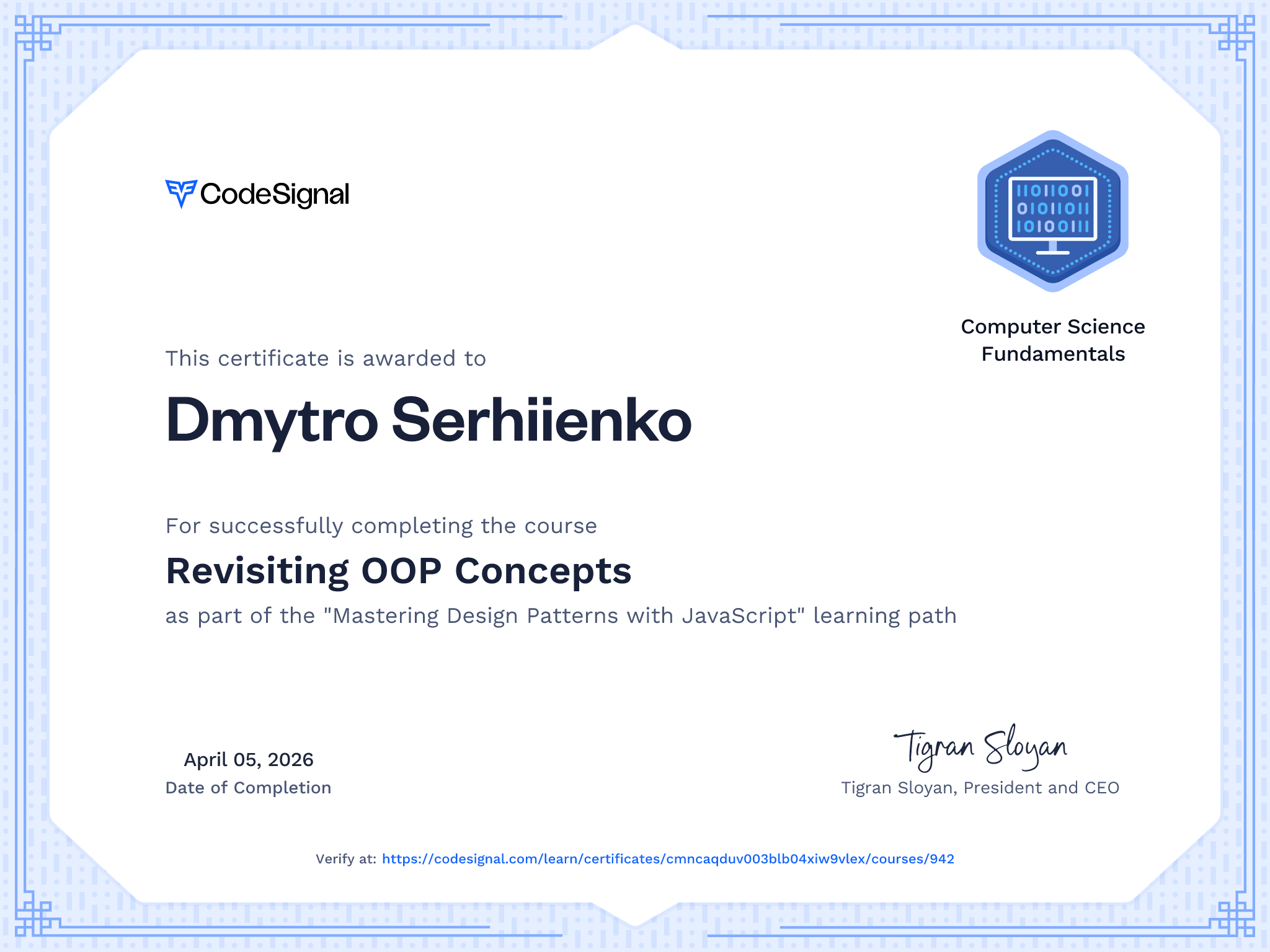 Course certificate for Revisiting OOP Concepts | CodeSignal Learn
