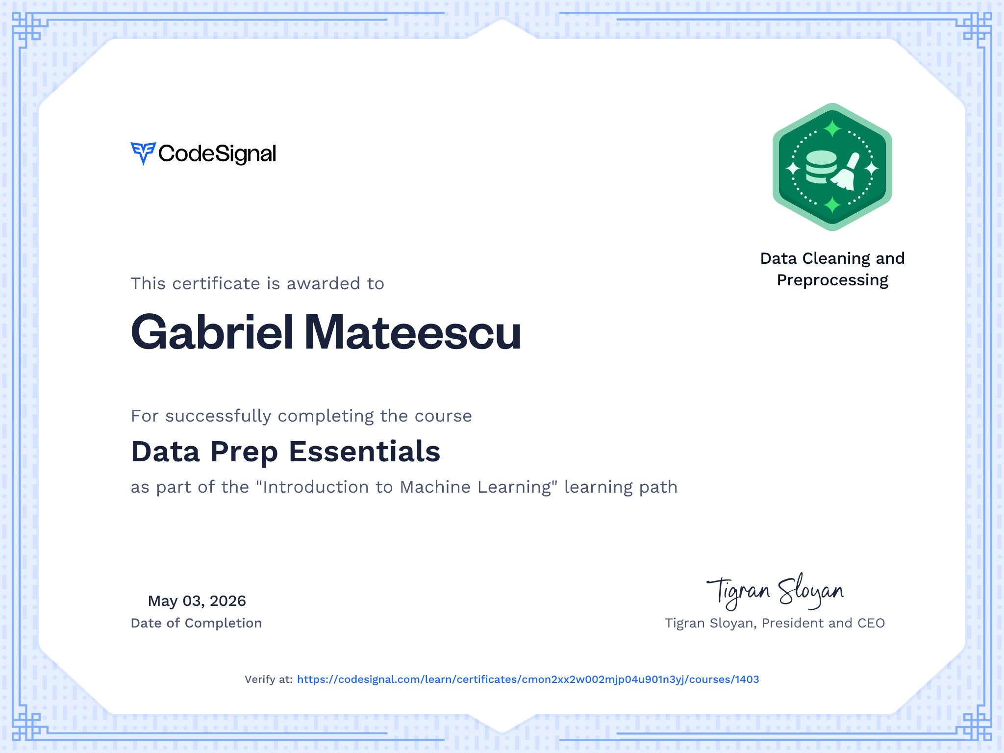 Course Certificate for Data Prep Essentials