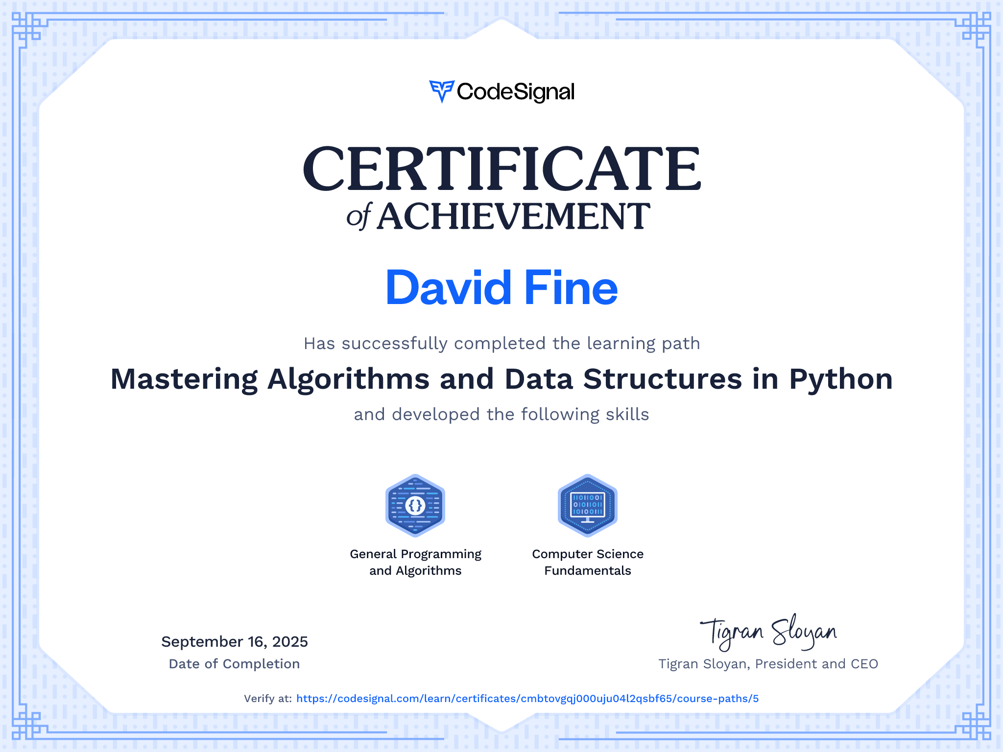 Path certificate for Mastering Algorithms and Data Structures in Python ...