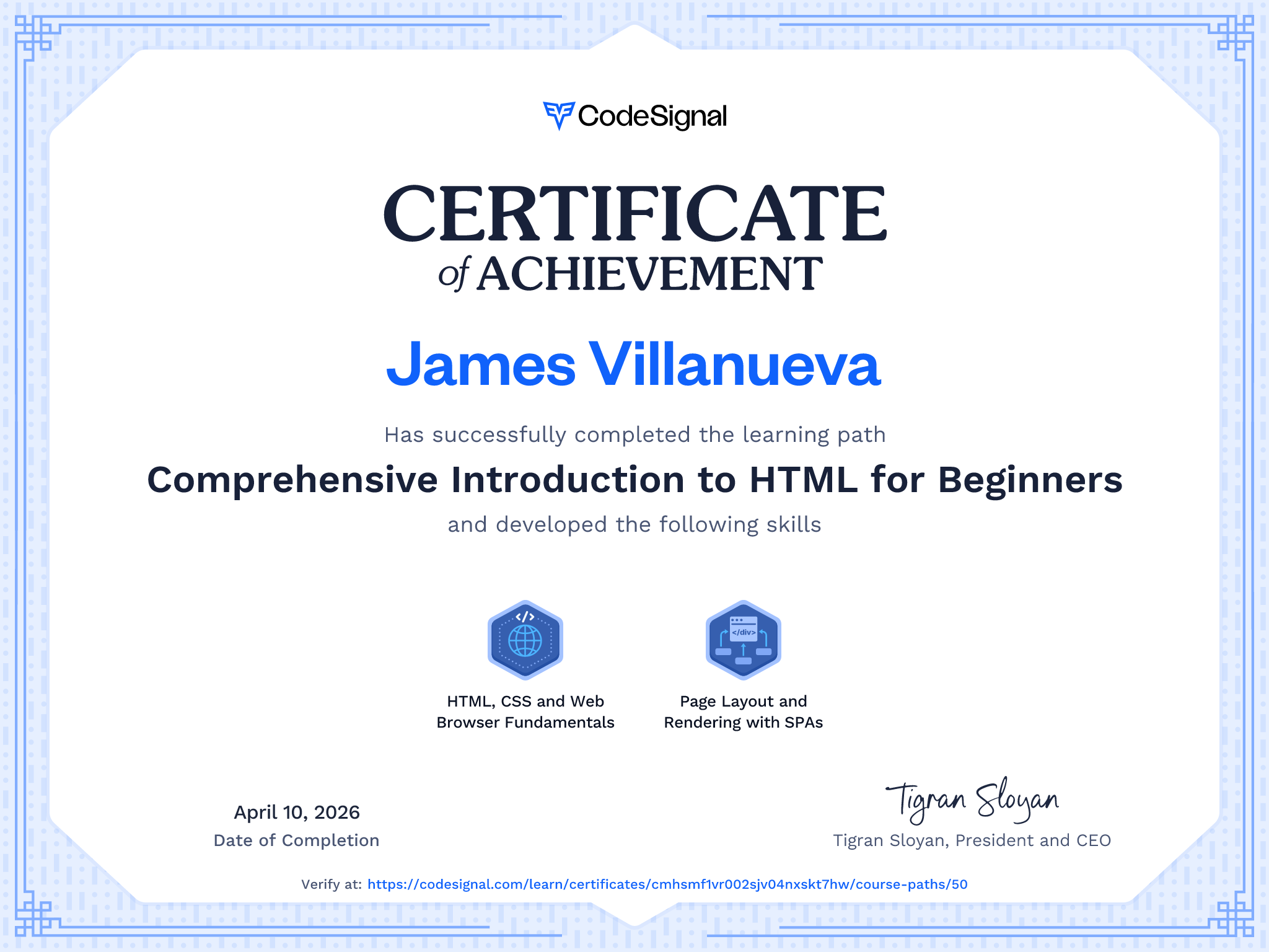 Path Certificate for Comprehensive Introduction to HTML for Beginners