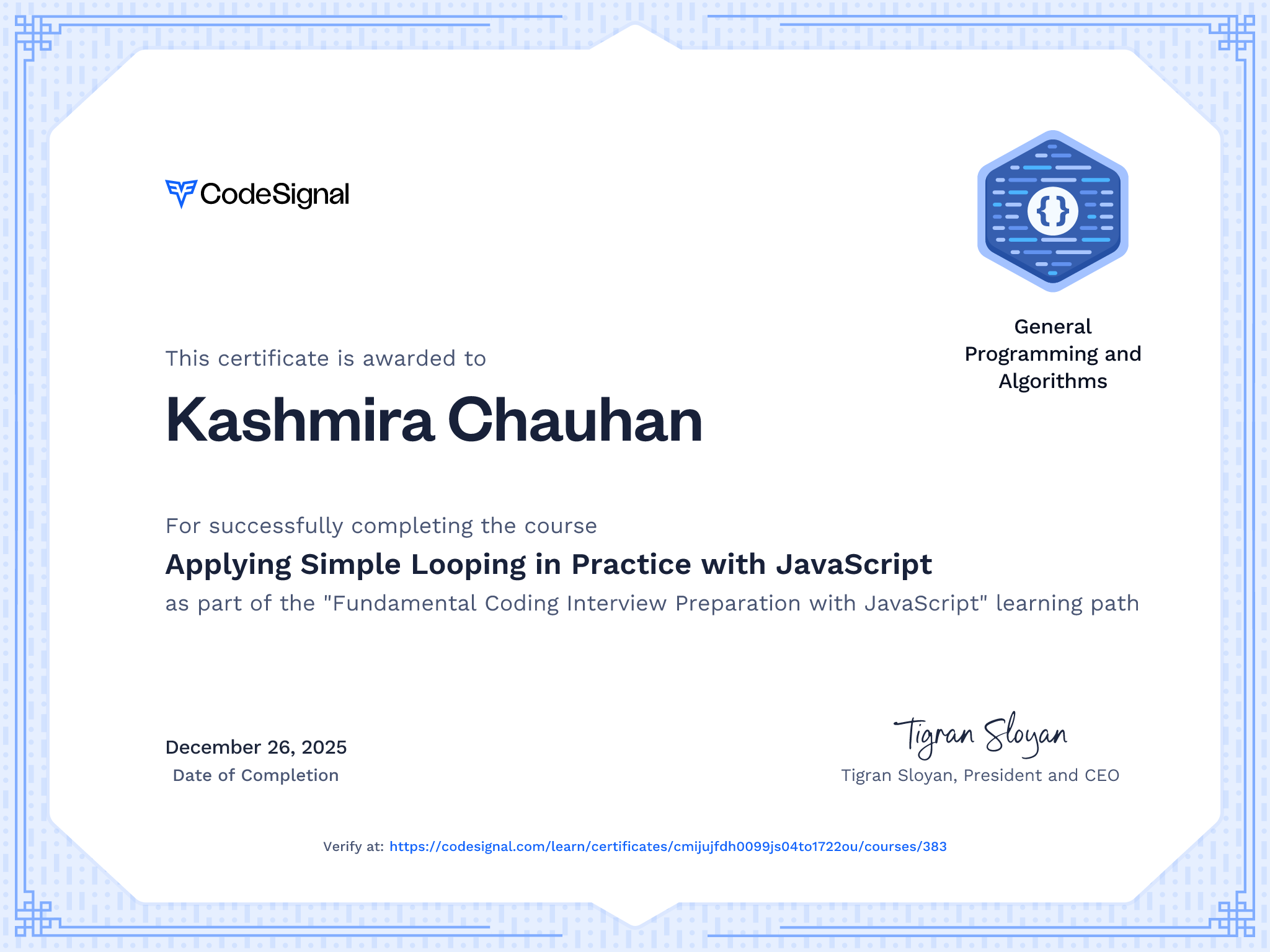 Course Certificate for Applying Simple Looping in Practice with JavaScript