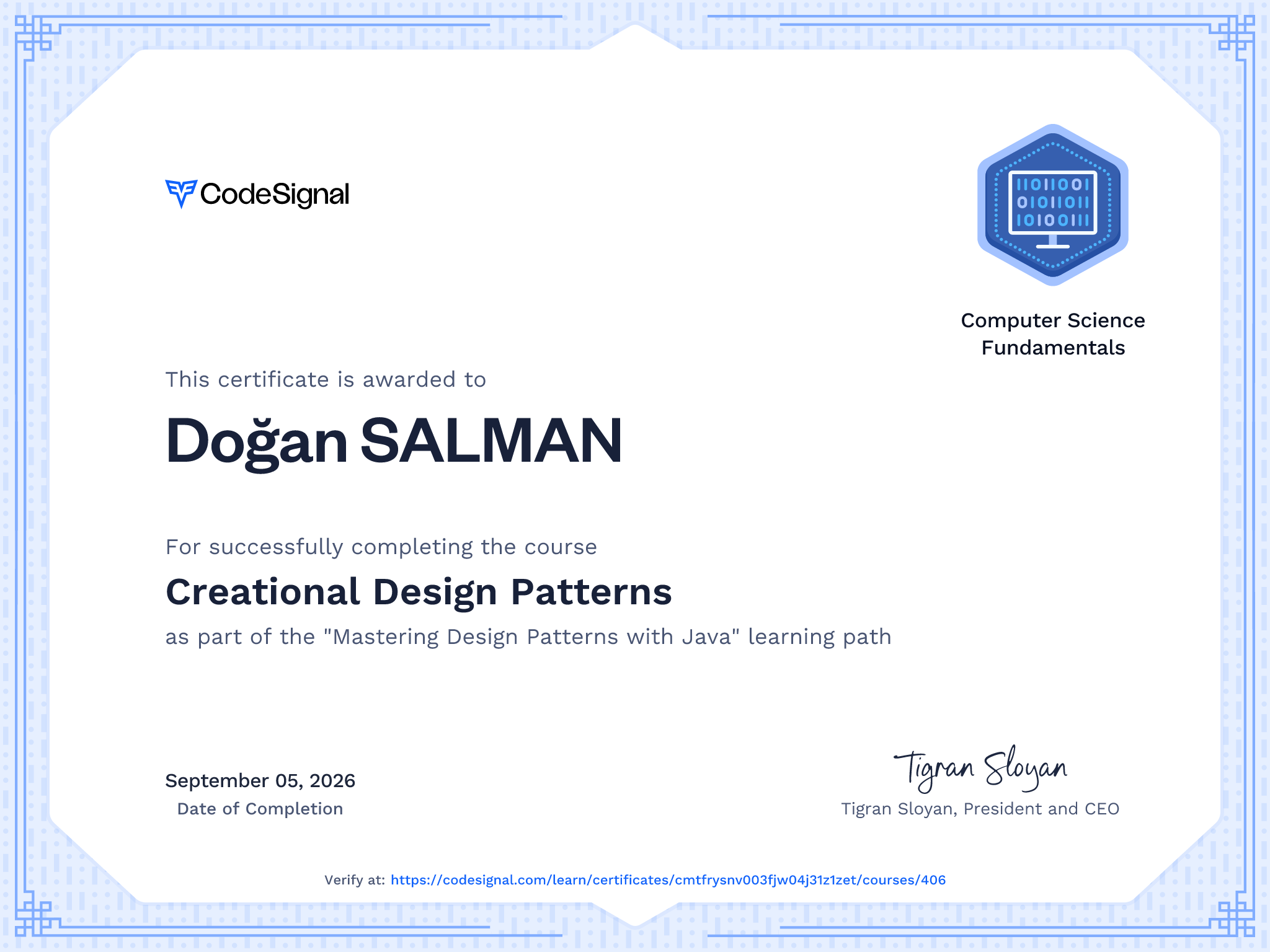 Course Certificate for Creational Design Patterns