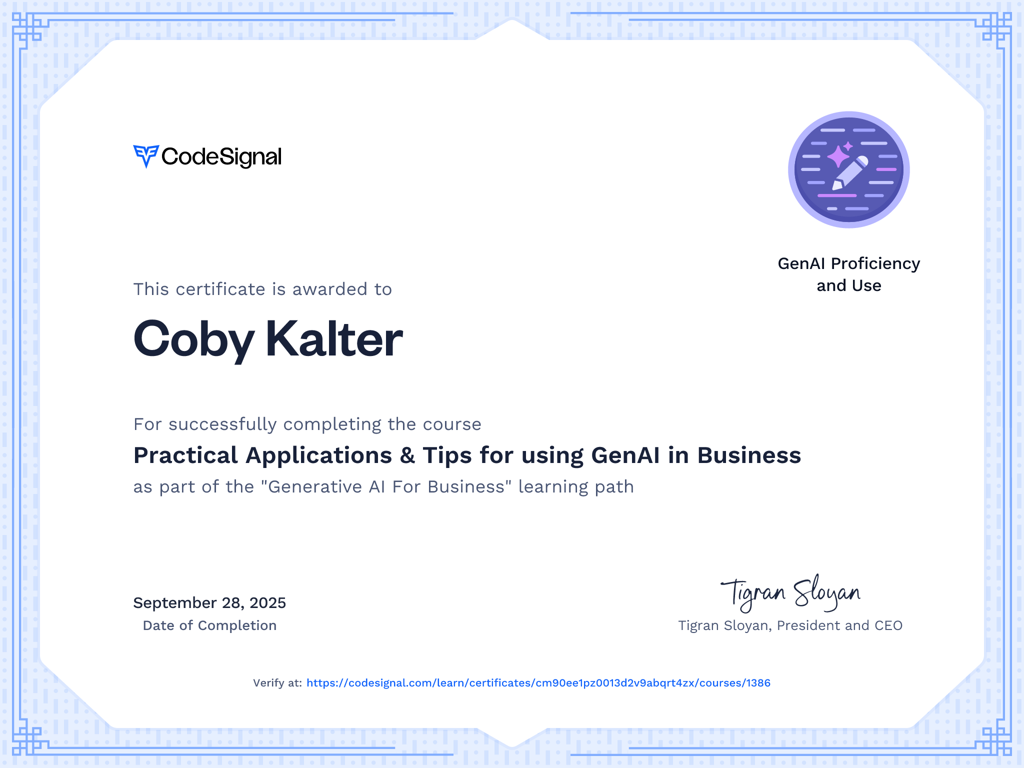 Course Certificate for Practical Applications & Tips for using GenAI in Business