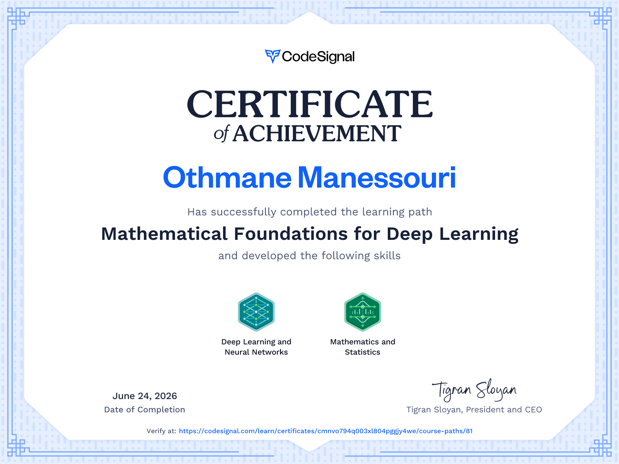 Path Certificate for Mathematical Foundations for Deep Learning