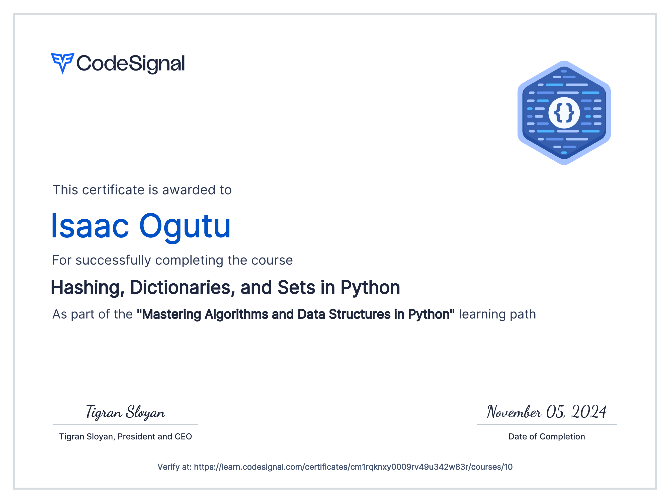 Course certificate for Hashing, Dictionaries, and Sets in Python ...