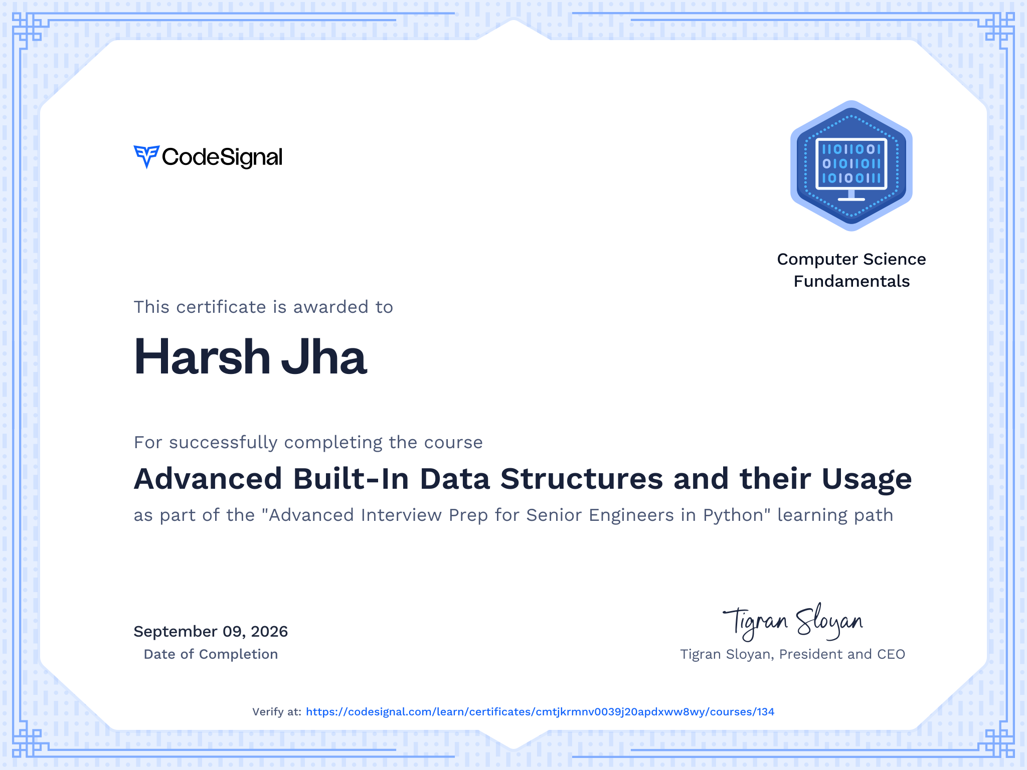 Course Certificate for Advanced Built-In Data Structures and their Usage