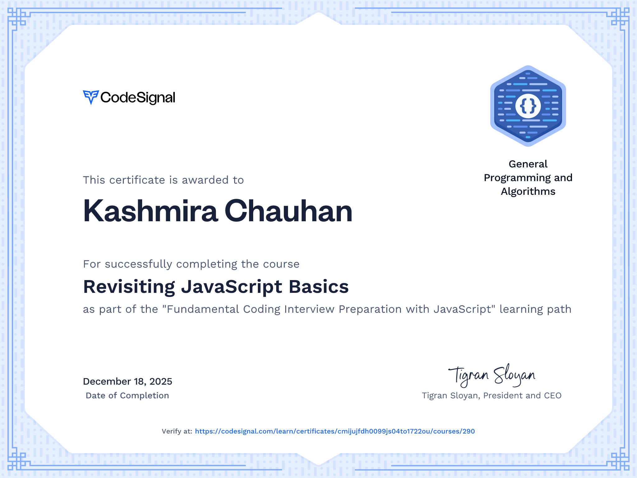 Course Certificate for Revisiting JavaScript Basics