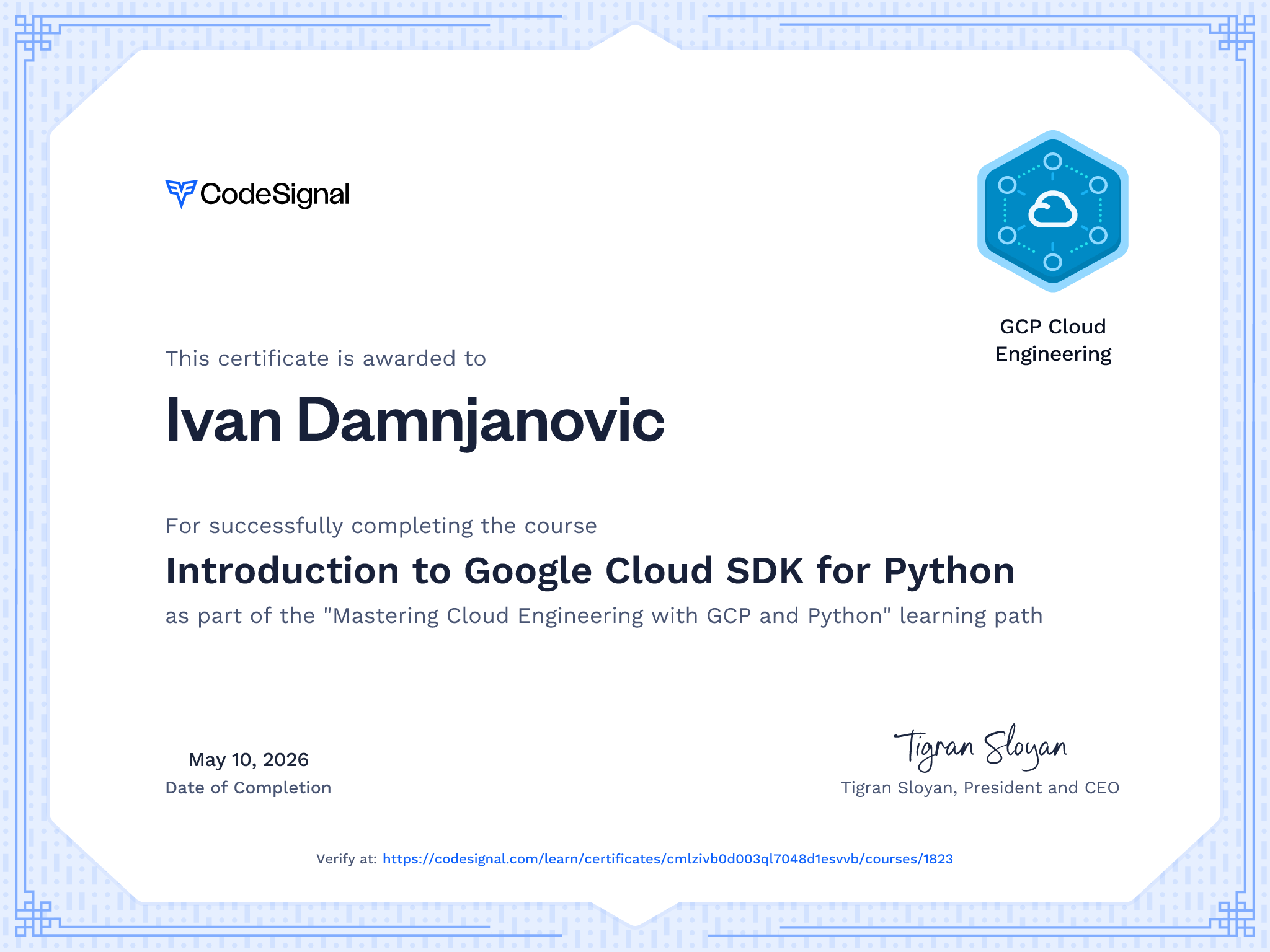 Course certificate for Introduction to Google Cloud SDK for Python ...