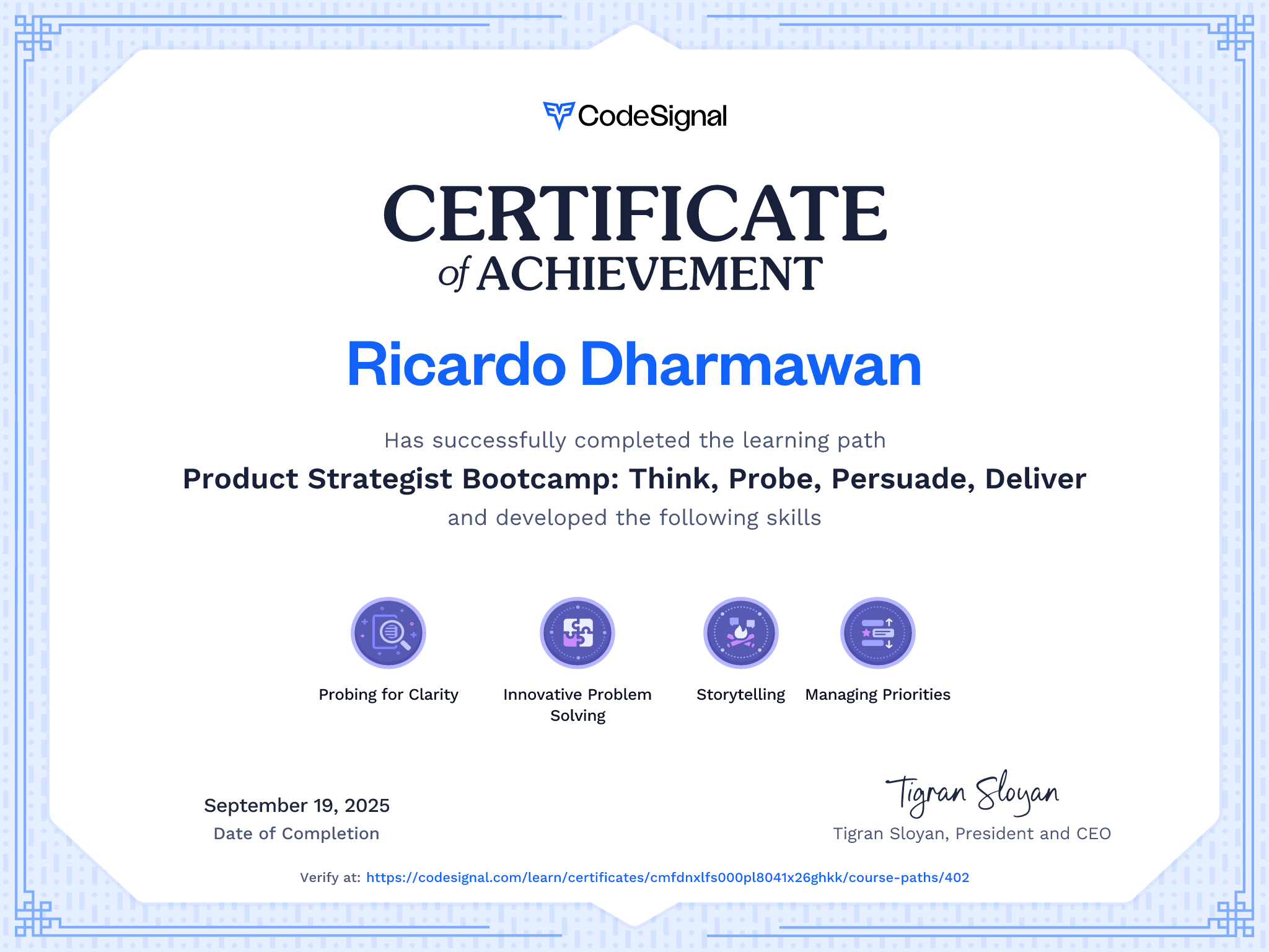Path certificate for Product Strategist Bootcamp: Think, Probe ...
