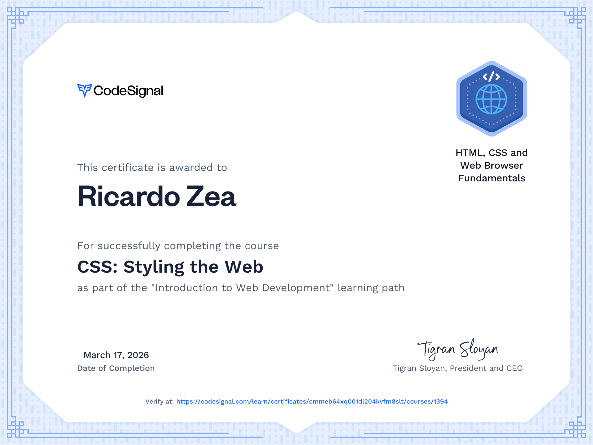 Course certificate for CSS: Styling the Web | CodeSignal Learn