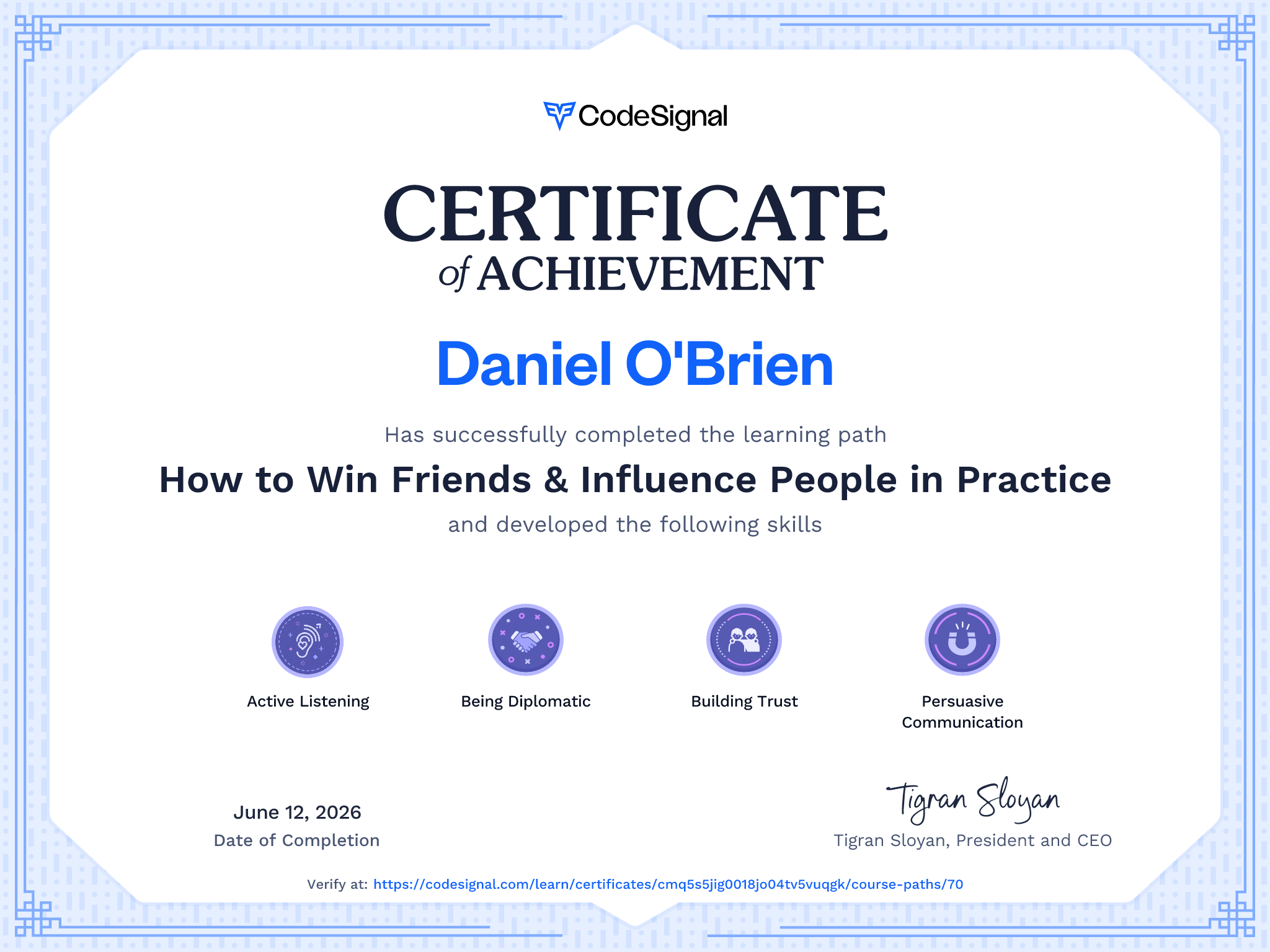 Path Certificate for How to Win Friends & Influence People in Practice