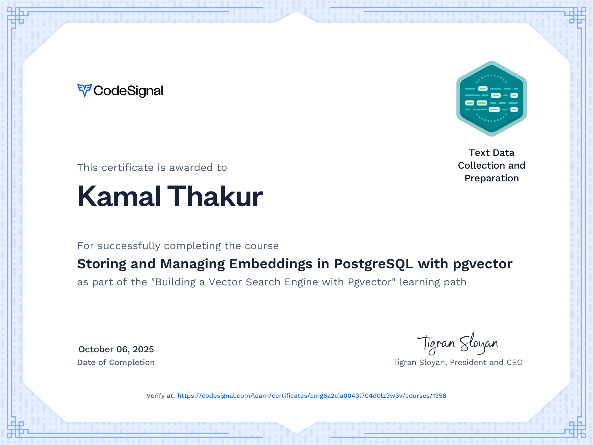 Course certificate for Storing and Managing Embeddings in PostgreSQL ...