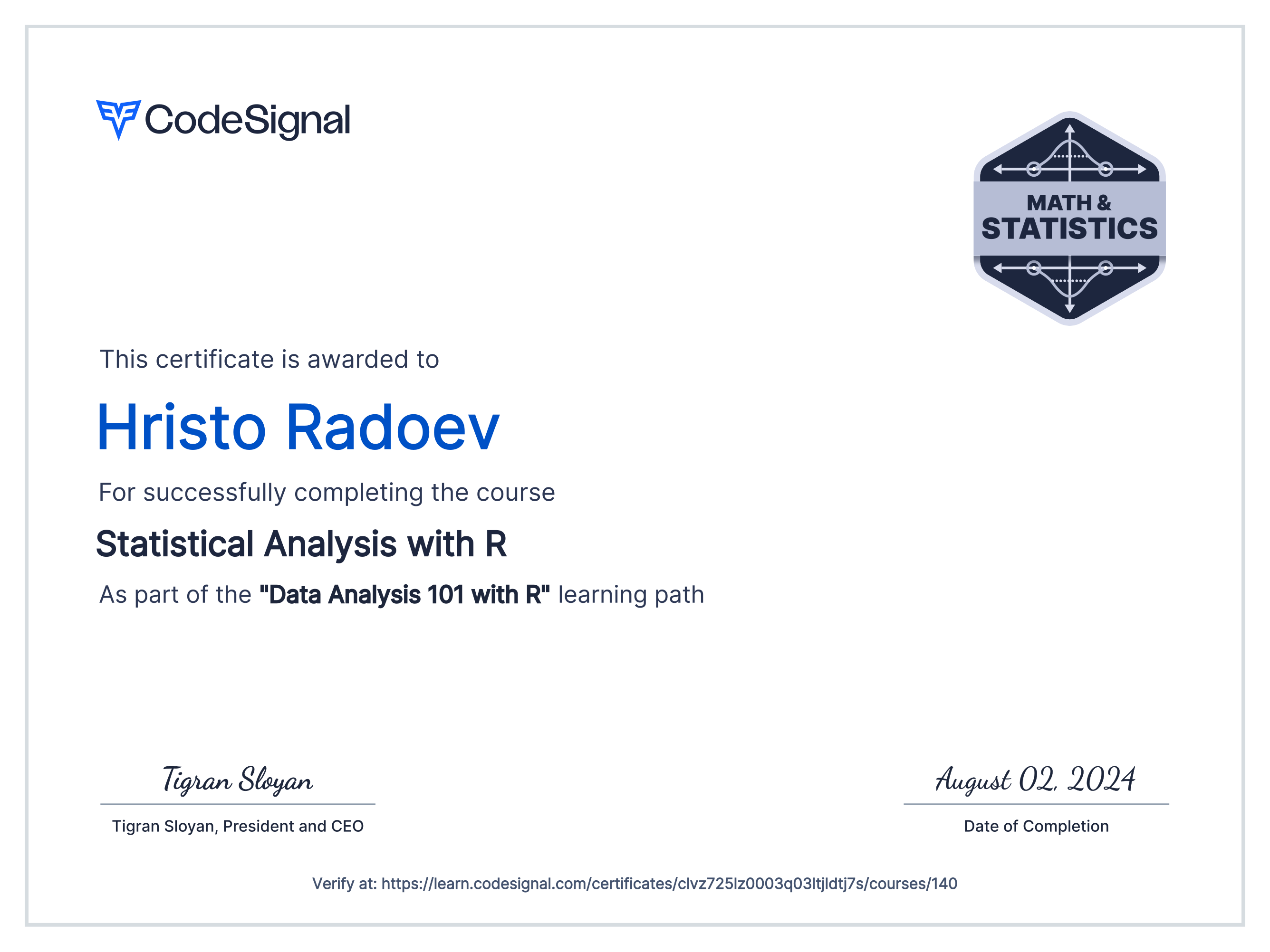 Course certificate for Statistical Analysis with R | CodeSignal Learn