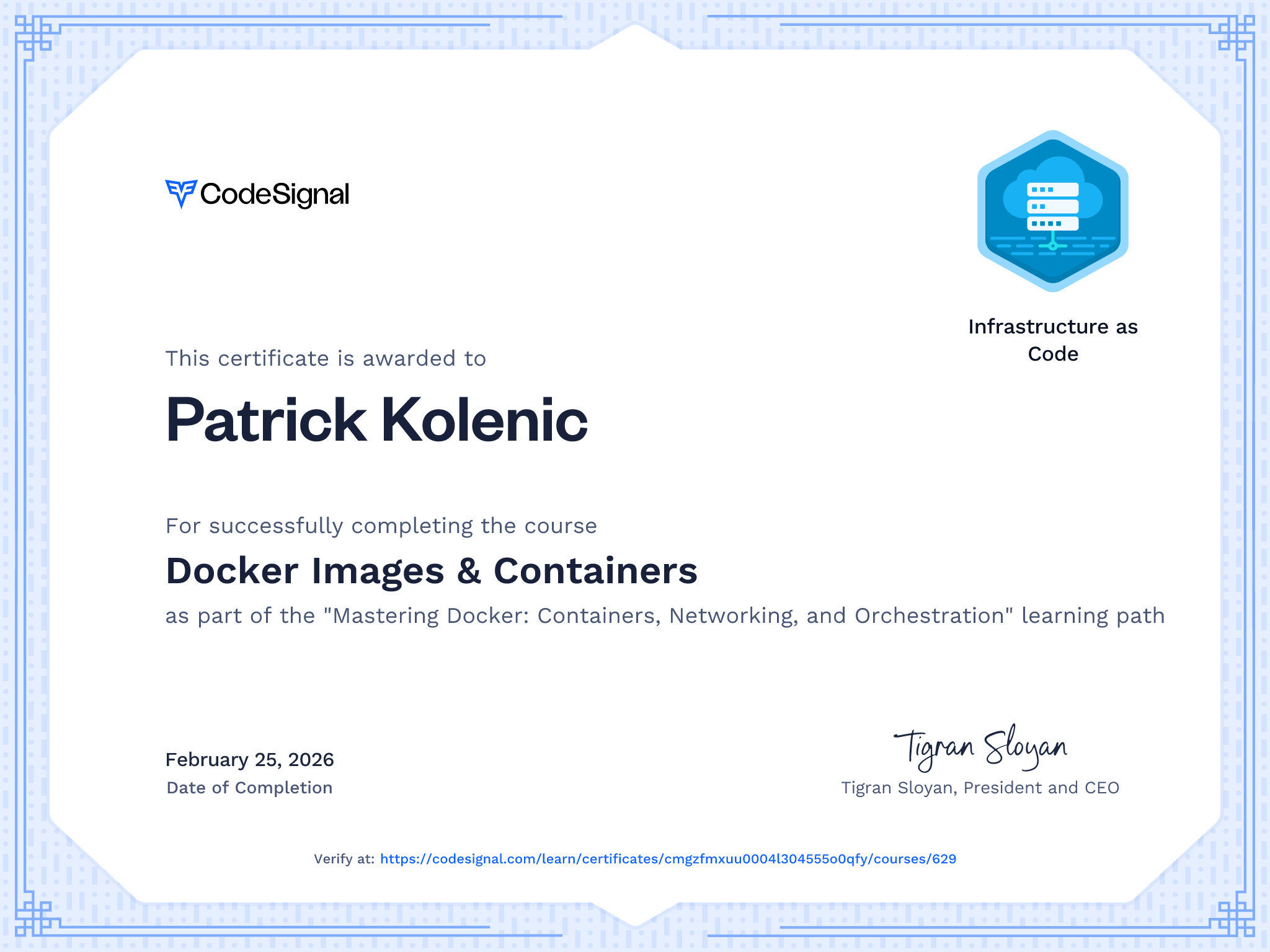 Course certificate for Docker Images & Containers | CodeSignal Learn