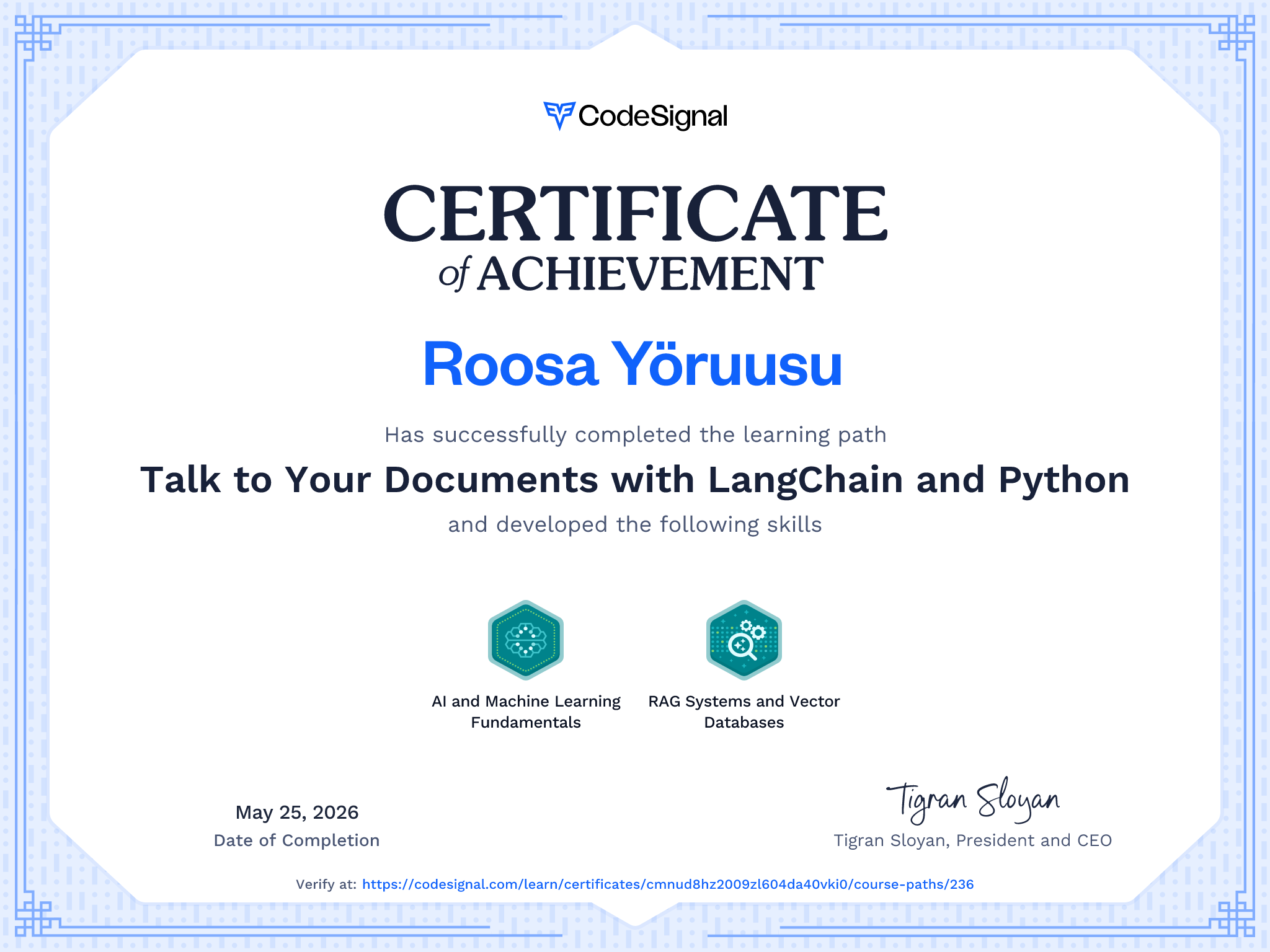 Path Certificate for Talk to Your Documents with LangChain and Python