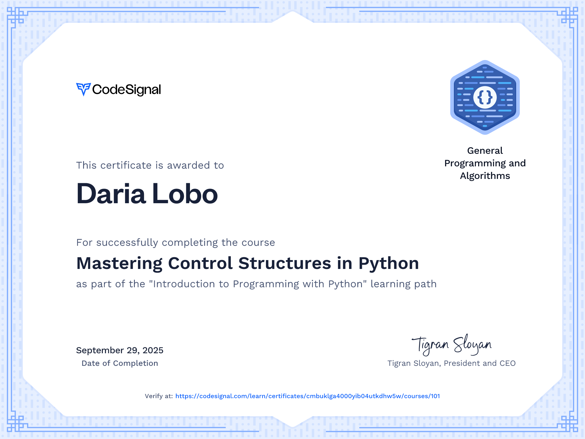 Course certificate for Mastering Control Structures in Python ...