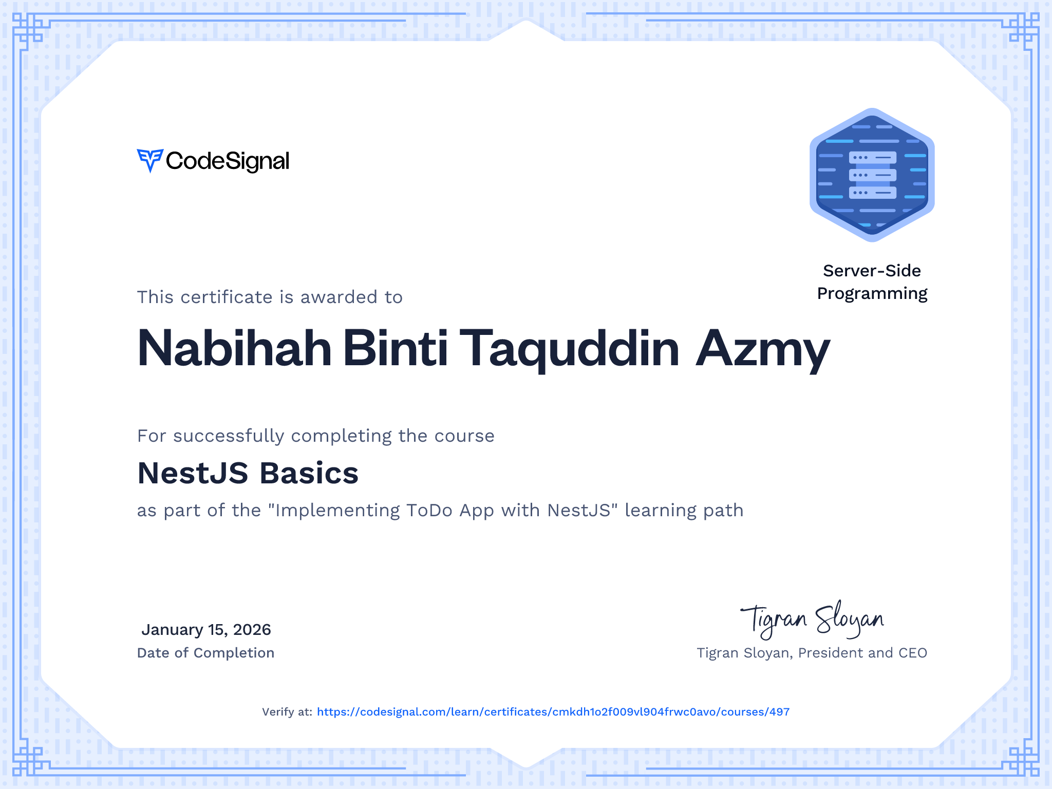 Course certificate for NestJS Basics | CodeSignal Learn
