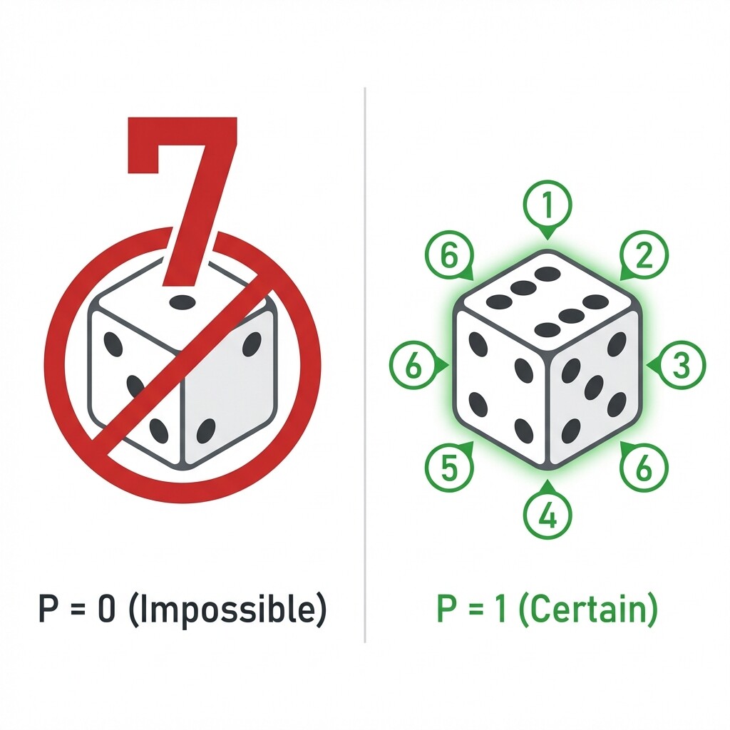 Illustration of a six-sided die showing an impossible outcome of rolling 7 versus the certain outcome of rolling any number from 1 to 6