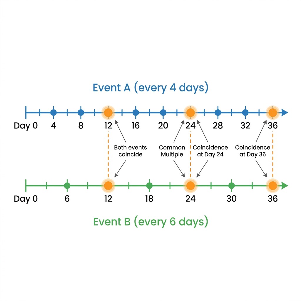Two event timelines showing cycles every 4 and 6 days, with coincidence points at days 12, 24, and 36 highlighted