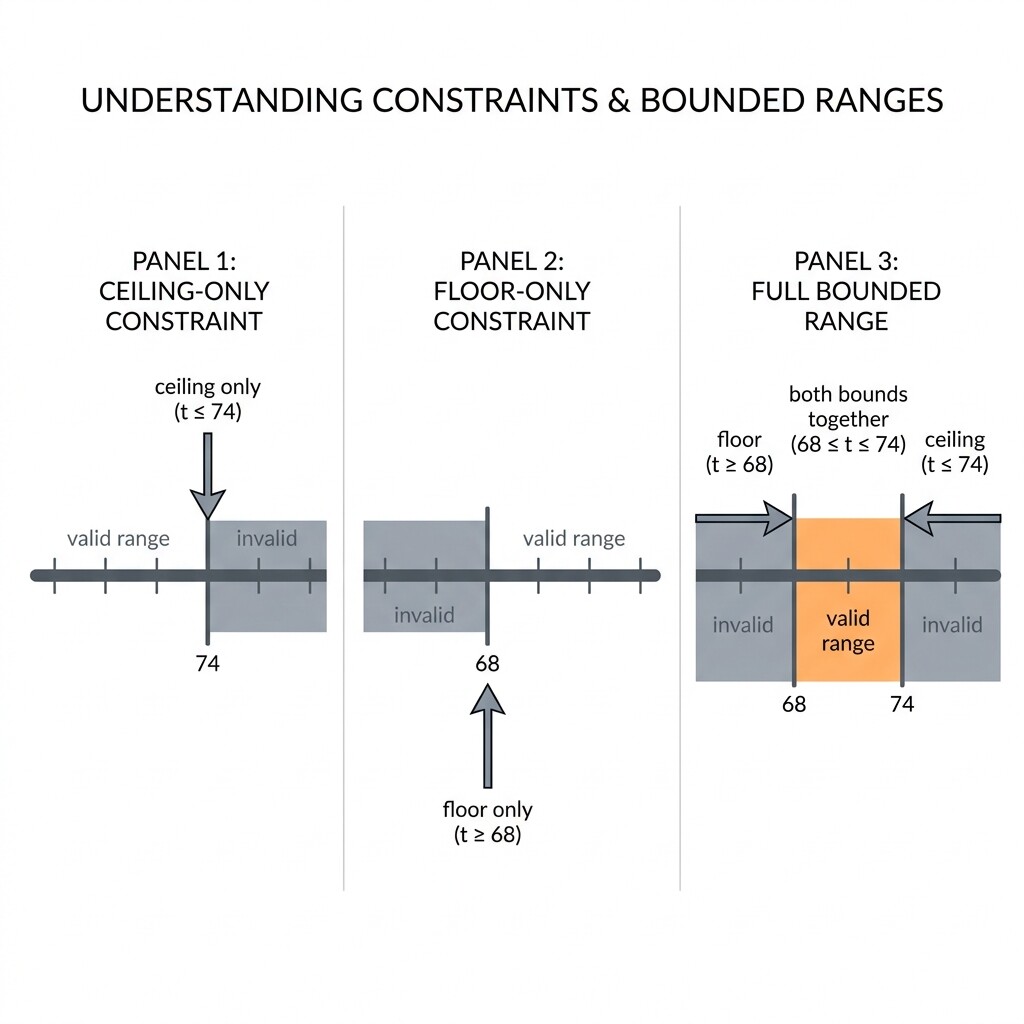 Conceptual illustration showing how a single ceiling or floor bound leaves part of the rule uncaptured, while combining both bounds creates a complete range constraint