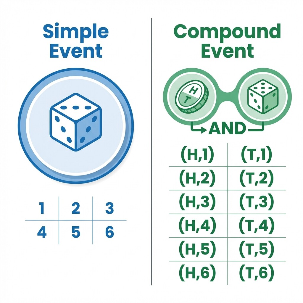 Side-by-side illustration comparing a simple event (one die, six outcomes) and a compound event (coin and die combined with AND, twelve paired outcomes)