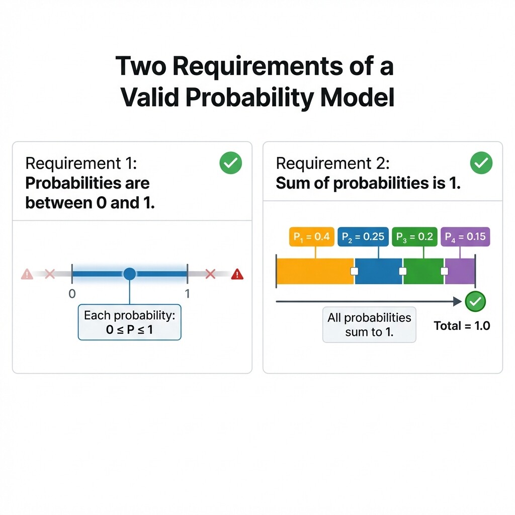 Conceptual illustration of the two requirements of a valid probability model: each probability between 0 and 1, and all probabilities sum to 1