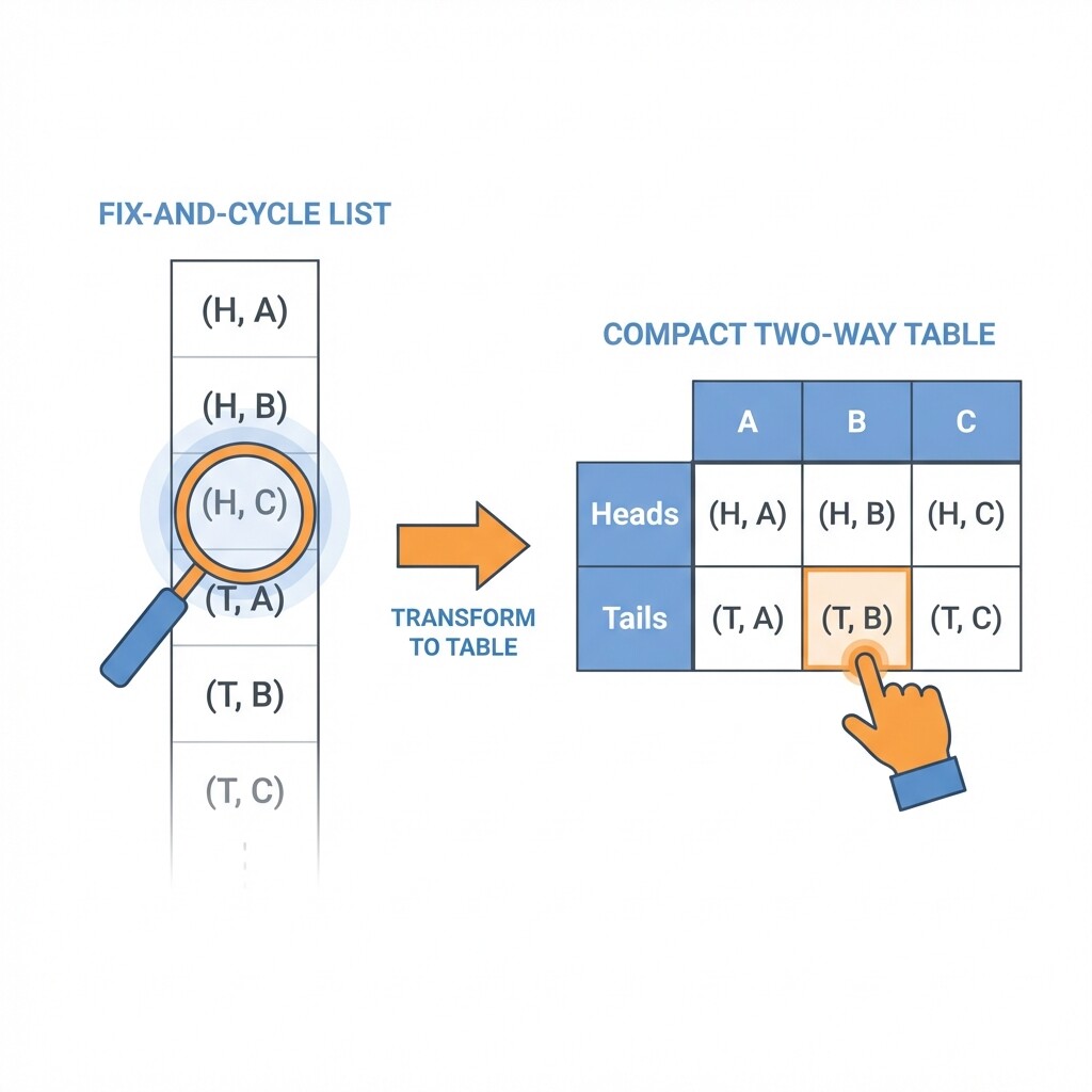 Illustration comparing a long fix-and-cycle outcome list to a compact two-way table grid