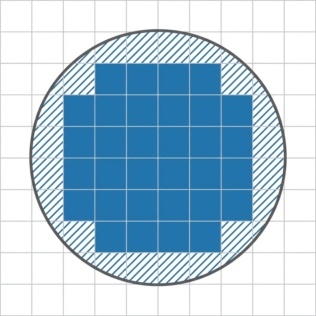 Circle overlaid on a unit square grid showing fully shaded interior squares and partially shaded boundary squares