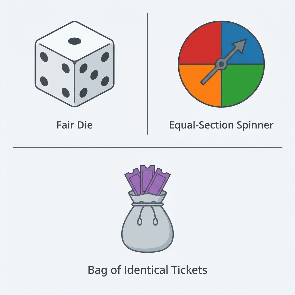 Three examples of equally likely outcome processes: a fair die, an equal-section spinner, and a bag of identical tickets