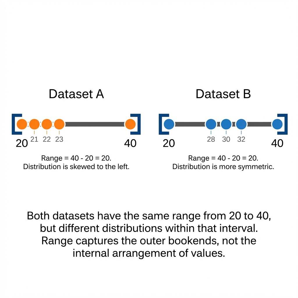 Conceptual illustration showing two datasets with identical range endpoints but different internal distributions of values