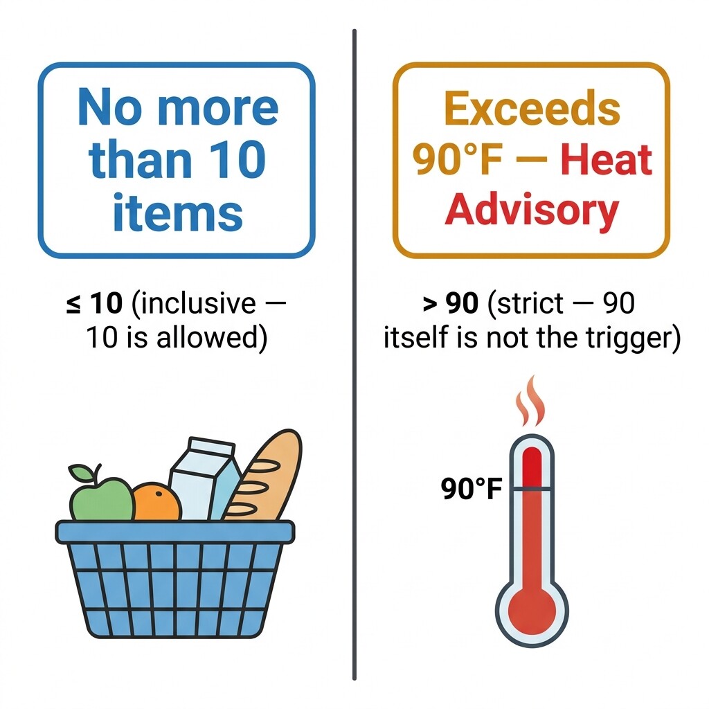 Side-by-side real-world signs illustrating tricky bound phrasing: a grocery checkout limit sign for no more than 10 items and a heat advisory sign for temperatures exceeding 90 degrees
