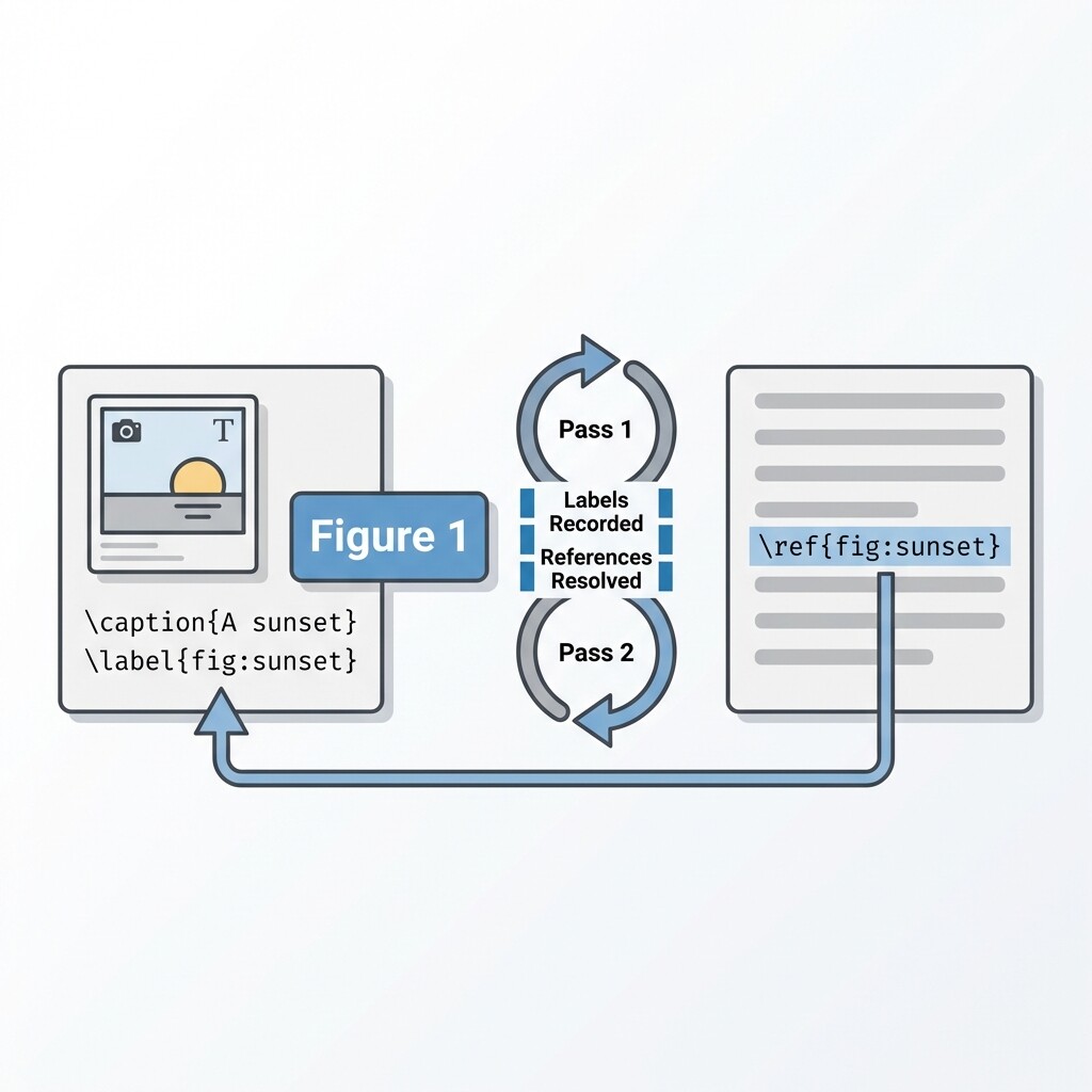 Schematic showing how label in a figure environment connects to a ref command in body text via two-pass compilation
